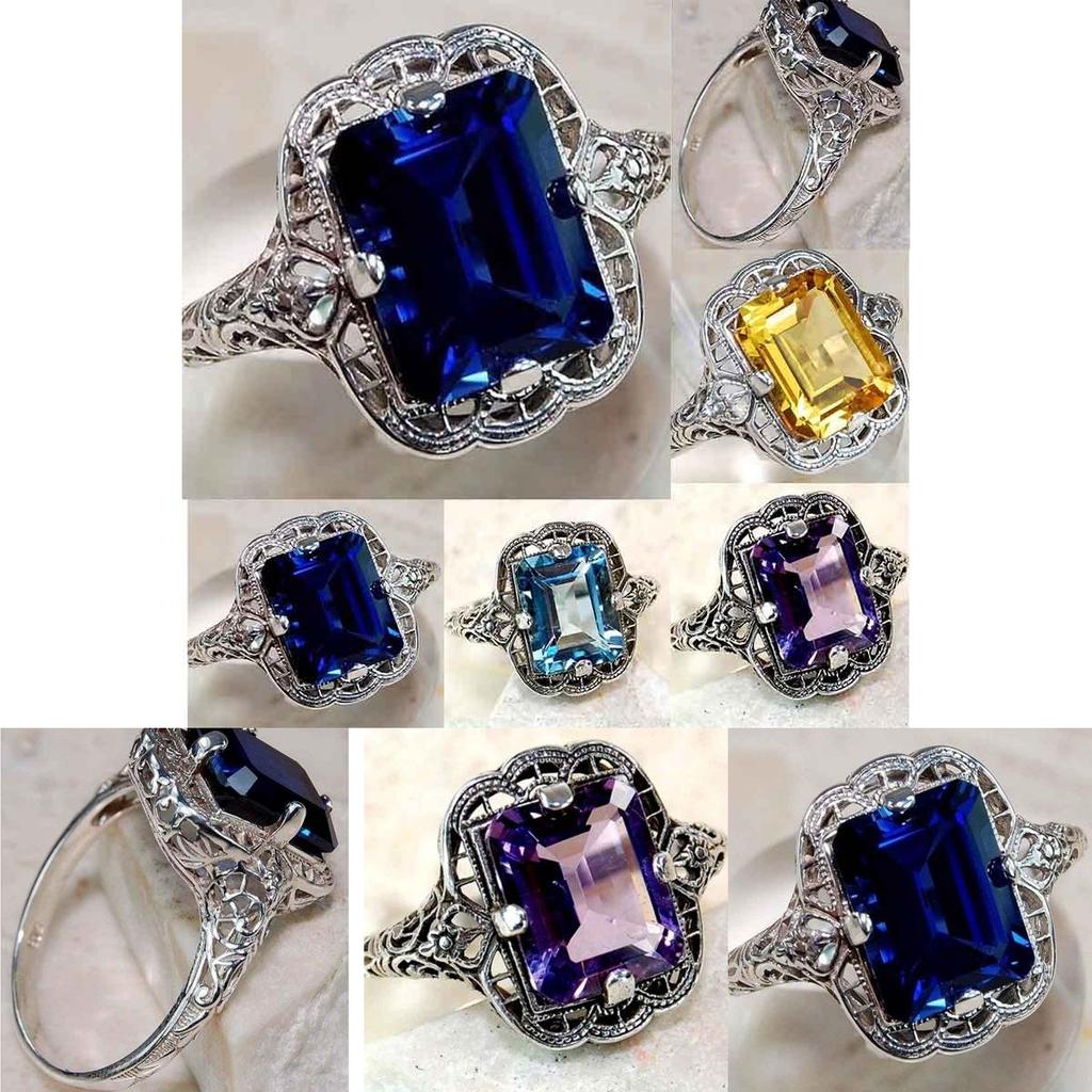 Elegant European Style Jewelry With Classic Square Cut Blue Sapphire Rhinestone Studded Ring