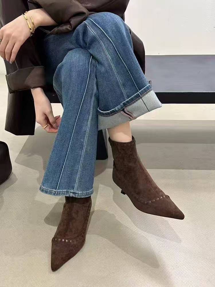 Rindslederversion~ plissierte spitze Chelsea Boots flache Sohle Riemen neu retro Nische Maillard Western Cowboy Stiefel