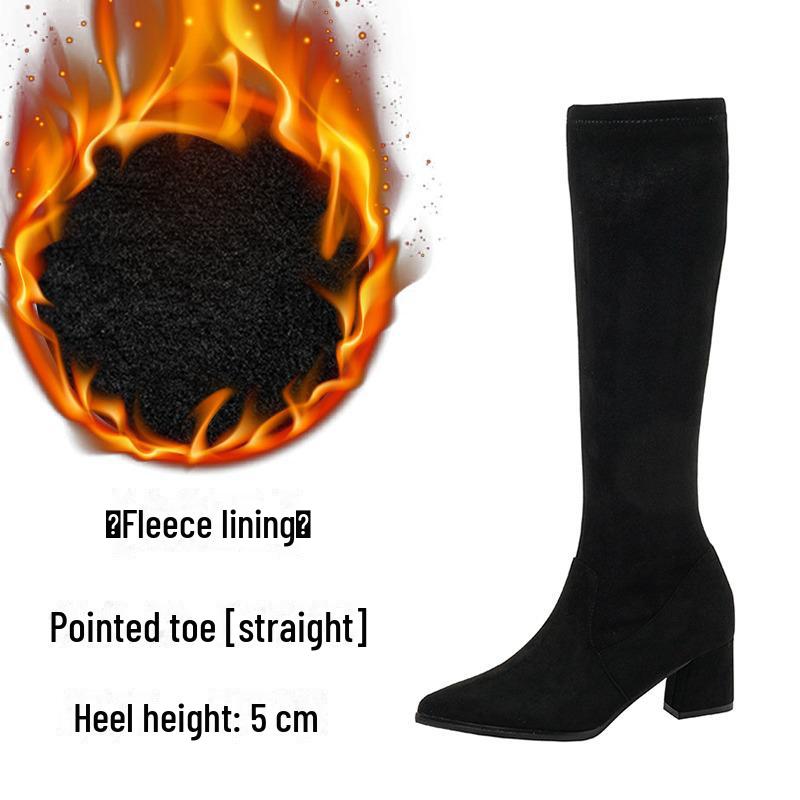 

Женские сапоги до колена с острым носком, осень/зима 2024 г., толстый высокий каблук, доступны маленькие размеры. 36, straight velvet heel, 5 cm чёрный