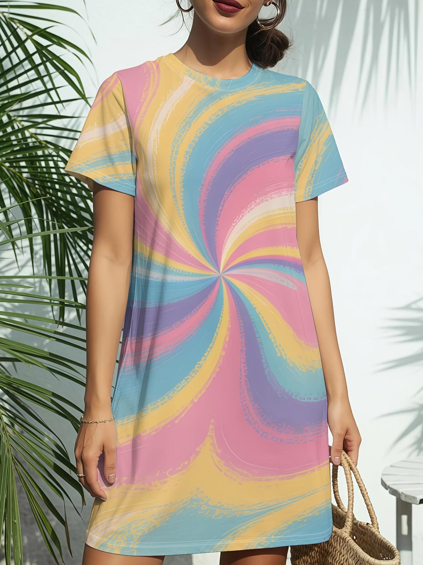 

Swirl Pastel Dreamnew Arrival Women S Round Neck Short Sleeve T-Shirt Dress.American Trendy Digital Print. Casual Versatile Style for Spring And Summe M дубильная кора