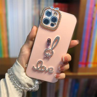 Custodia per Cellulare Apple 15Promax con Galvanica, Anti-Caduta, Full Silicone, Design con Coniglietto in Strass Cartoon.