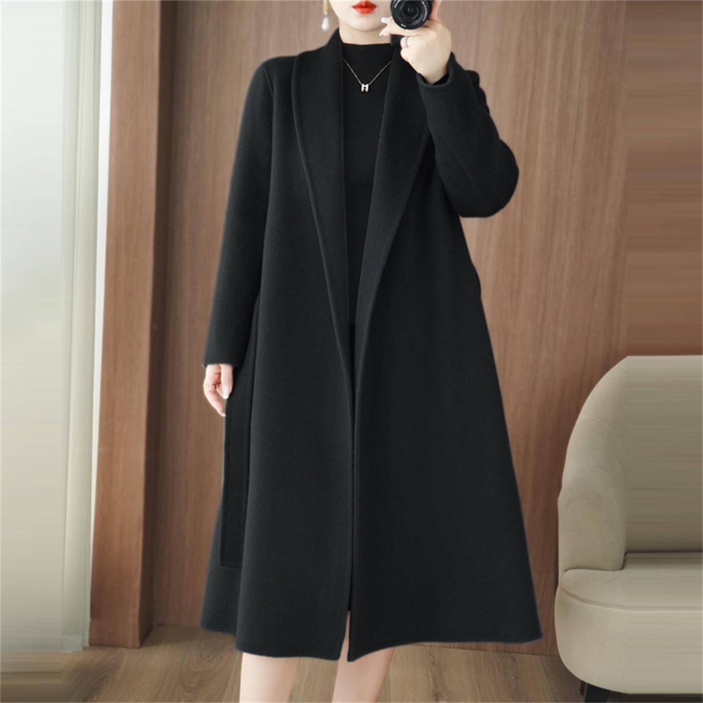 

Женское двустороннее кашемировое пальто с поясом - стиль Хепберн, Осень/Зима 2025, Длинное шерстяное твидовое пальто ниже колена. S (Recommended for 90-115 jin)