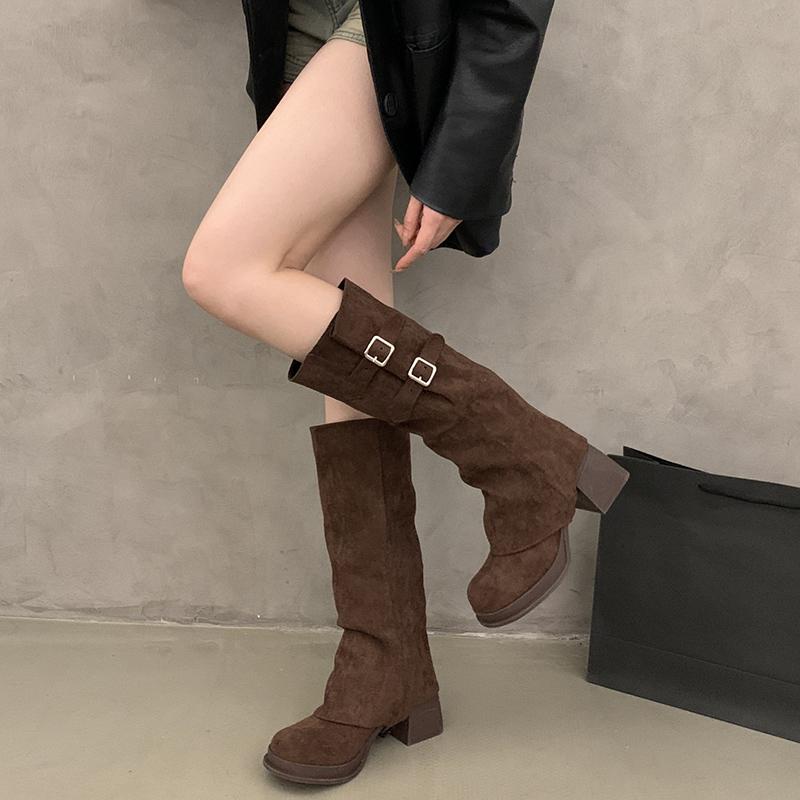 Fashion Autumn Winter Designer Buckle Strap Women Knee High Boots Fashion THick Heels Comfortable Long Botas