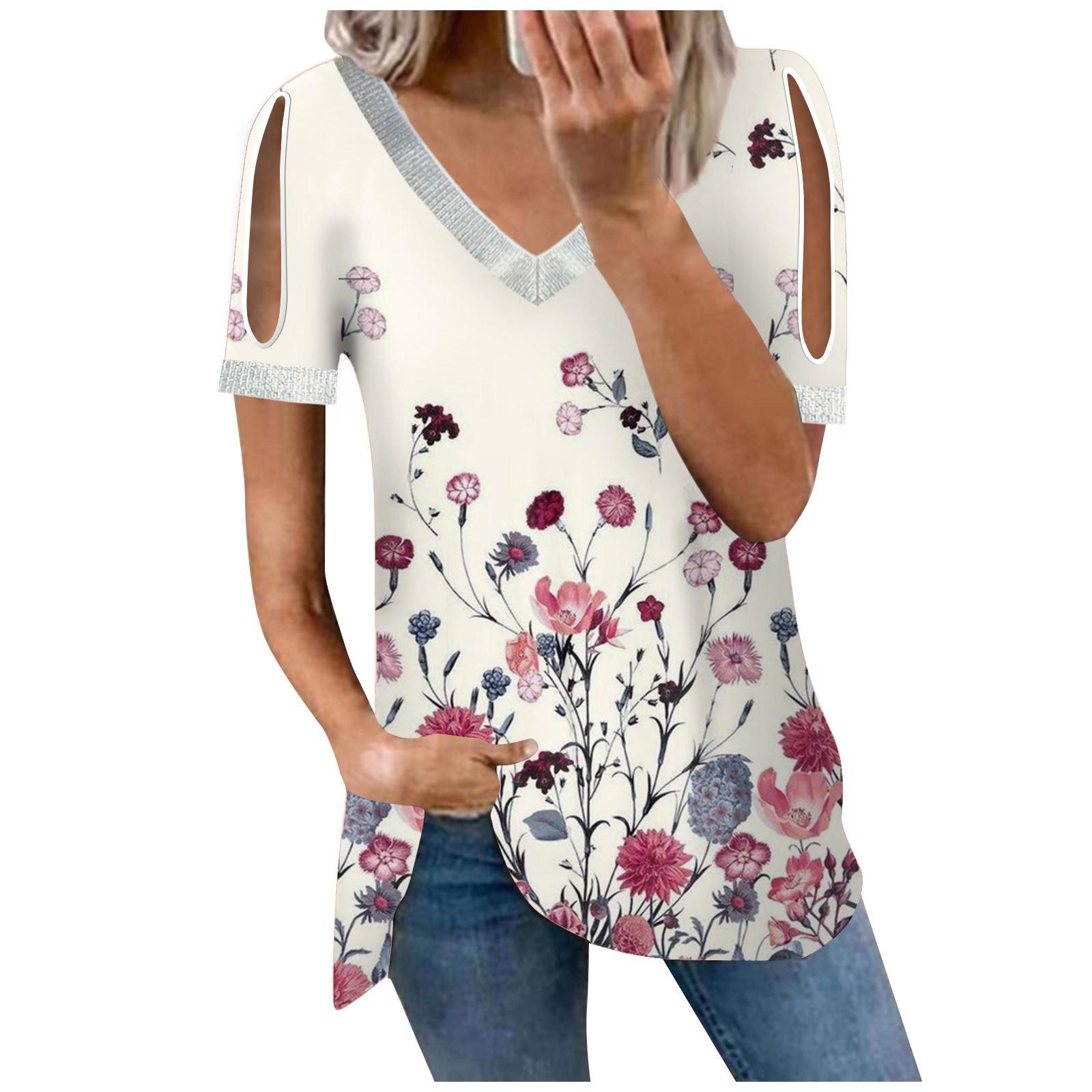 

Women s T-shirt Printed V-neck Sequin Short Sleeved Summer Casual Loose Top L бежевый