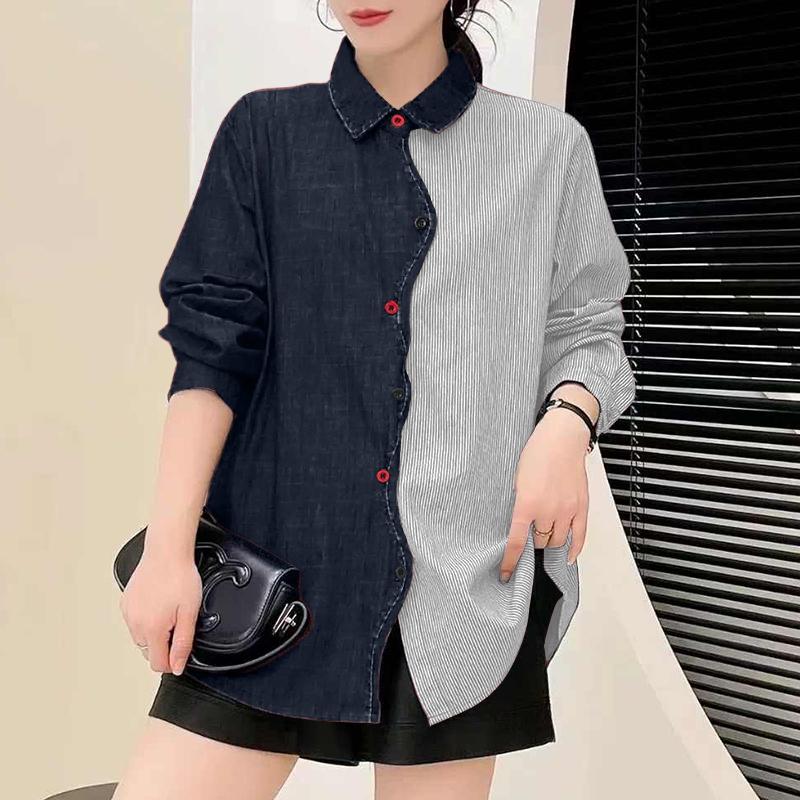 ZANZEA Women Casual Turn Down Collar Long Sleeve Splice Blouse