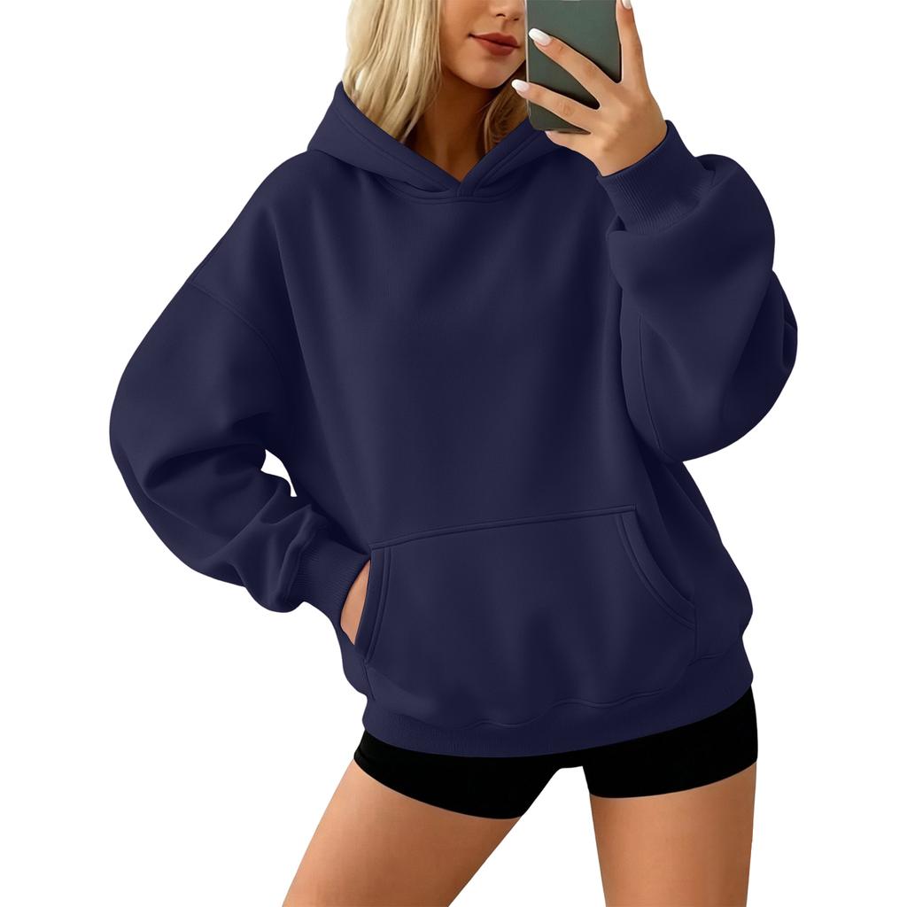 Women's Color Long Sleeve Pullover Hoodie with Front Pocket Loose Fit