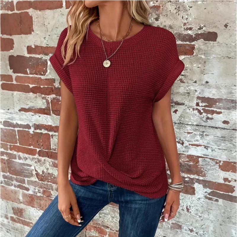 Summer Solid Color Round Neck T-shirt Elegant Short Twist Hem Top T-Shirts Women’s