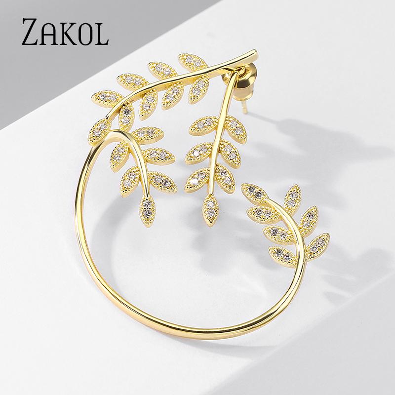 ZAKOL Gold Color Plated Metal Leaf Clip Earrings for Women Ear Clips Without Piercing Sparkling Zircon Ear Cuff Fashion Zircon