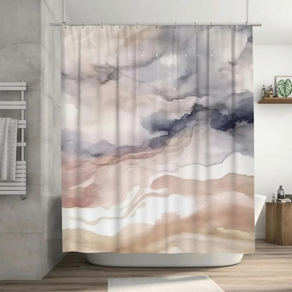 Soft Watercolor Shower Curtain for Bathroom Decor Waterproof Non-slip Printed in Neutral Colors