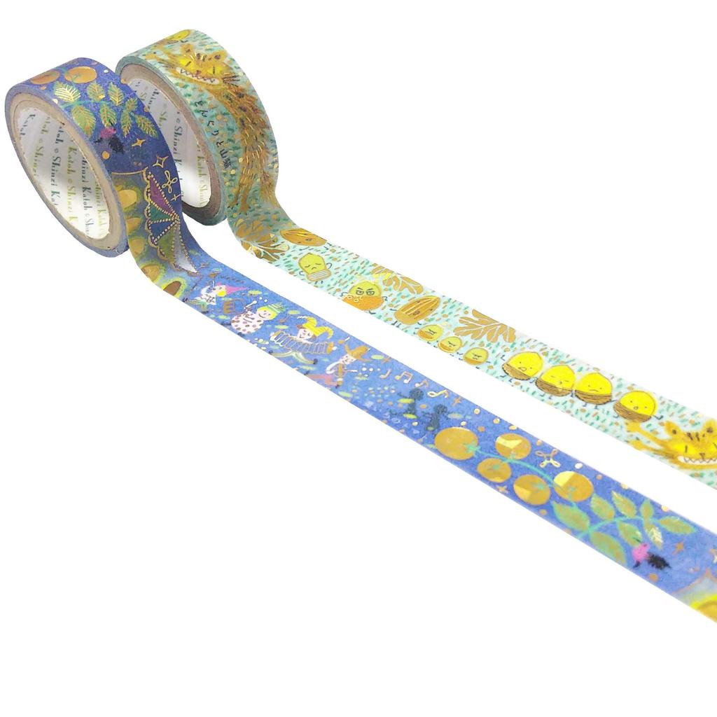 Made In Japan Shinzi Katoh Masking and by Miyazawa 3m Seal-do Foil-Infused Tape, "Yellow Tomato, Acorn, Wildcat" Kenji, 2-Roll Set, Roll, Ks-dt-20039