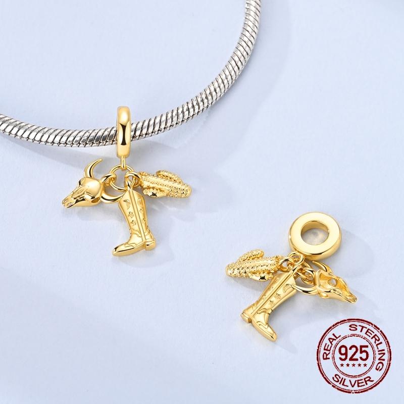 Golden Cactus Boots Charm Bead Components Copper Metal Desert Three Piece Set Dangle Pendant Bead Component Compatible With Bangle Bracelet High