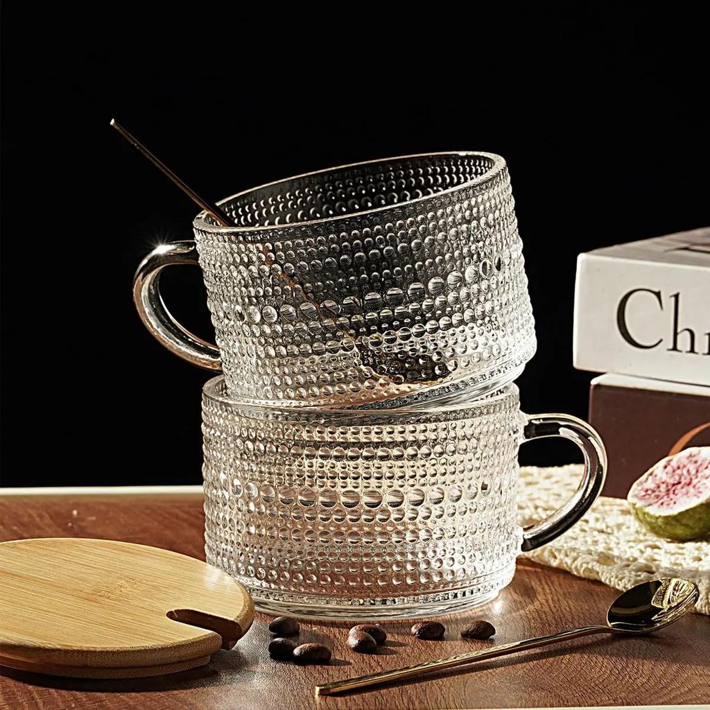Todays Present 4pcs Vintage Glass Coffee Mugs Gifts for Women, Overnight Oats Containers With Bamboo and Spoons, 15oz Clear Em
