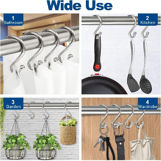Shower Curtain Hooks Rings, Zinc Alloy S Shaped Shower Hooks Rust Proof, Shower Curtain Hangers for Shower Curtain, Kitchen, Wardrobe & Garden,