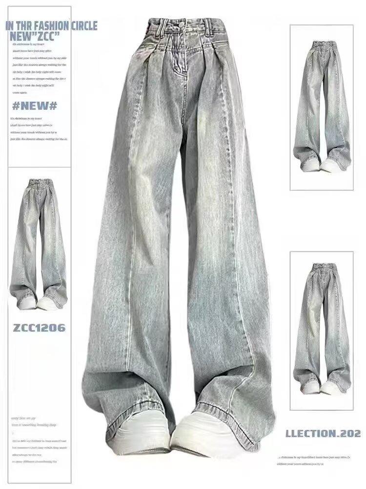 Women s 2024 Autumn Retro Blue High-Waisted Wide-Leg Floor-Length Jeans 3XL