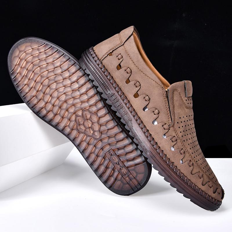 Men's Genuine Leather Casual Shoes Slip On Hollow Shoes Summer Large Size 39-48