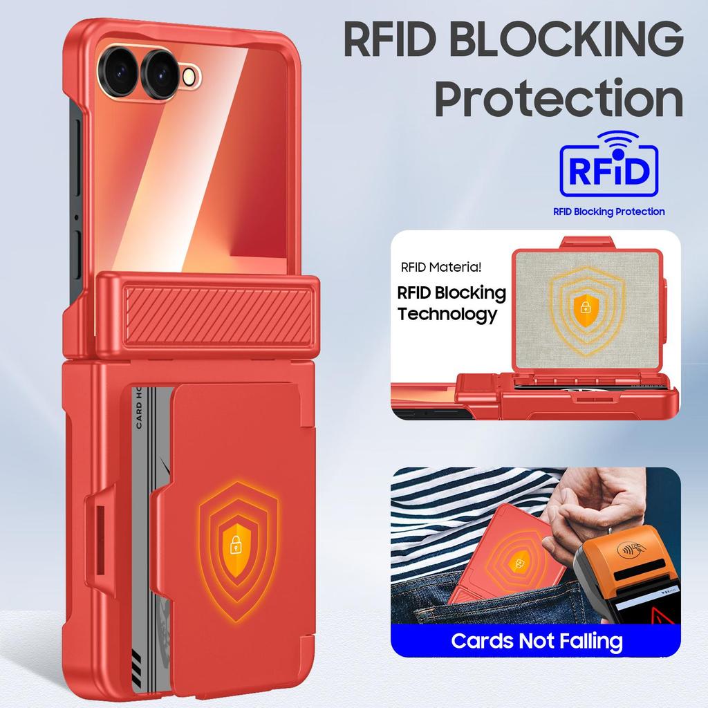 For Samsung Galaxy Z Flip 7 with Card Holder [RFID Blocking] & Hinge Protection & HD Screen Protector,Rugged Anti-Scratch Phone Case-Rose Red