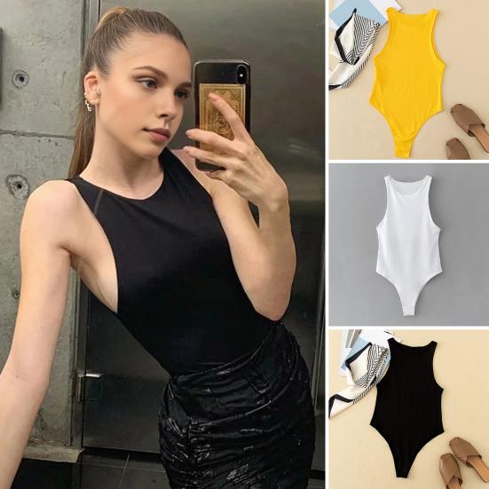 

Женский летний комбинезон с круглым вырезом, без рукавов, однотонный, облегающий, эластичный, с глубокими подмышками, повседневное, повседневное, женское боди