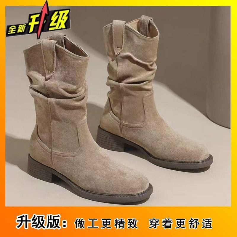 Fashion versatile and comfortable boots for women 2025 new retro style thin non-slip one-pedal pleated stacked boots for women
