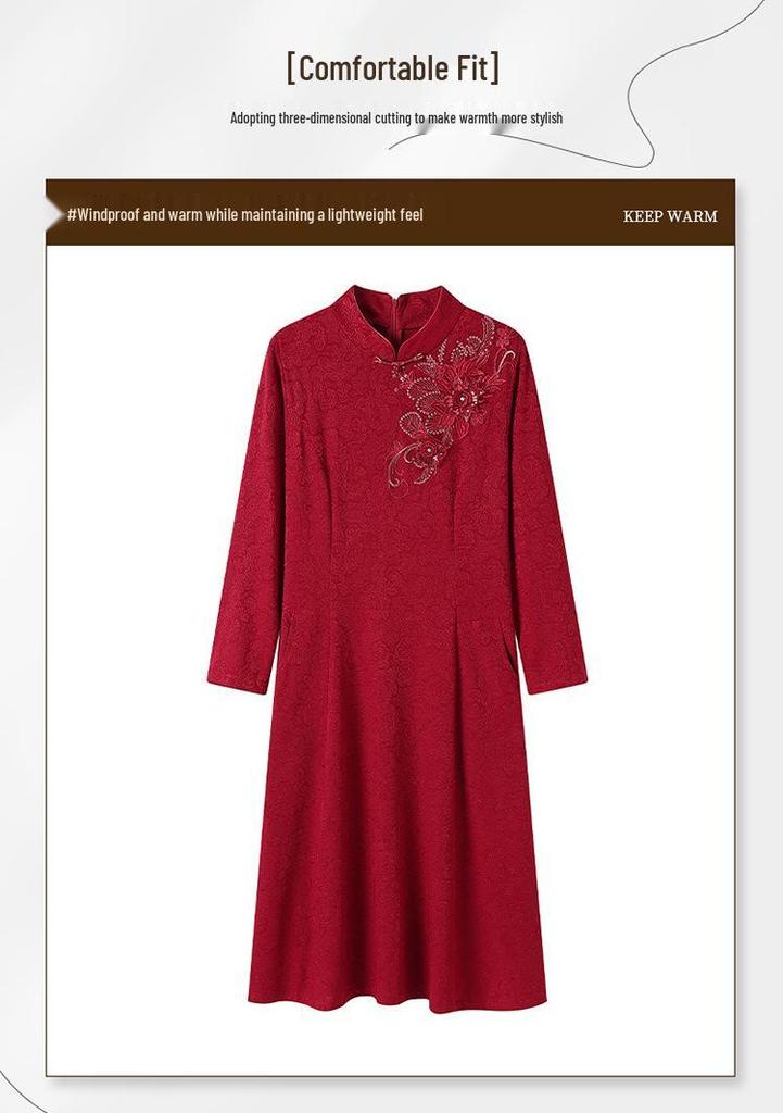 Red Long-Sleeve Qipao for Mothers, Elegant Autumn/Winter Wedding Banquet Dress