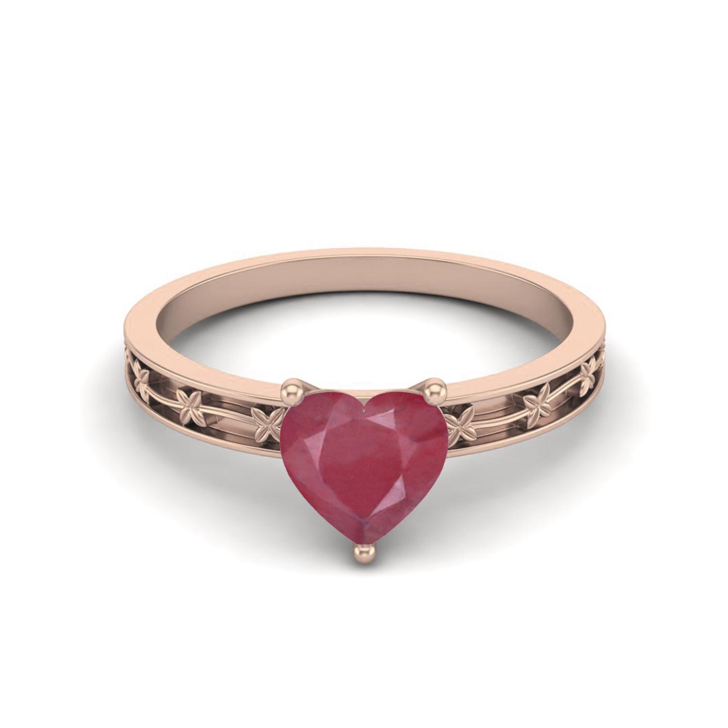 1.00 Cts Heart Shape Ruby 925 Sterling Silver Rose Vermeil Solitaire Flower Engraved Shank Engagement Women Love Ring 7