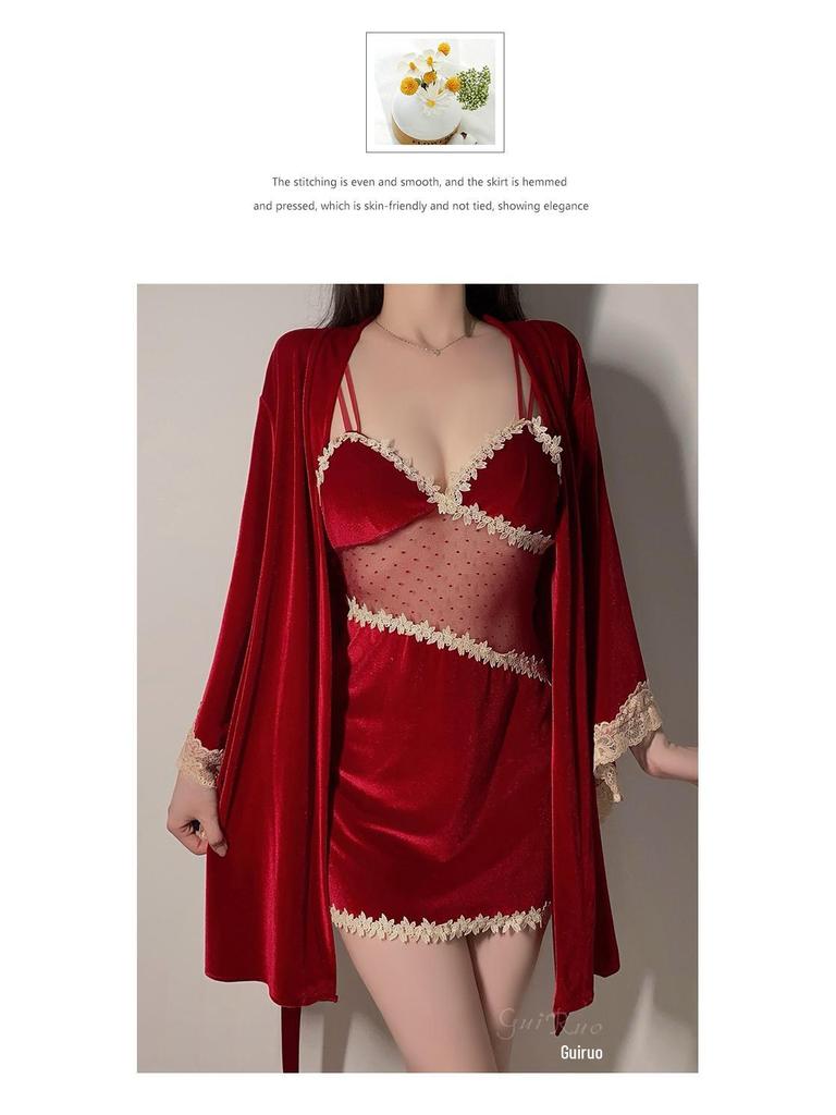 Guiruo Velvet Lingerie Set: Camisole, Open-Front Robe, Breast Pads - Pure Desire Collection 1490