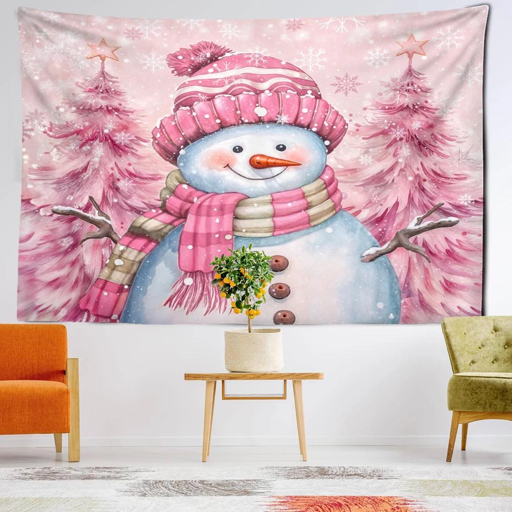 Pink Hat Snowman Tapestry Wall Hanging Cartoon Minimalist Art Bohemian Hippie Christmas Bedroom Living Room Home Decor