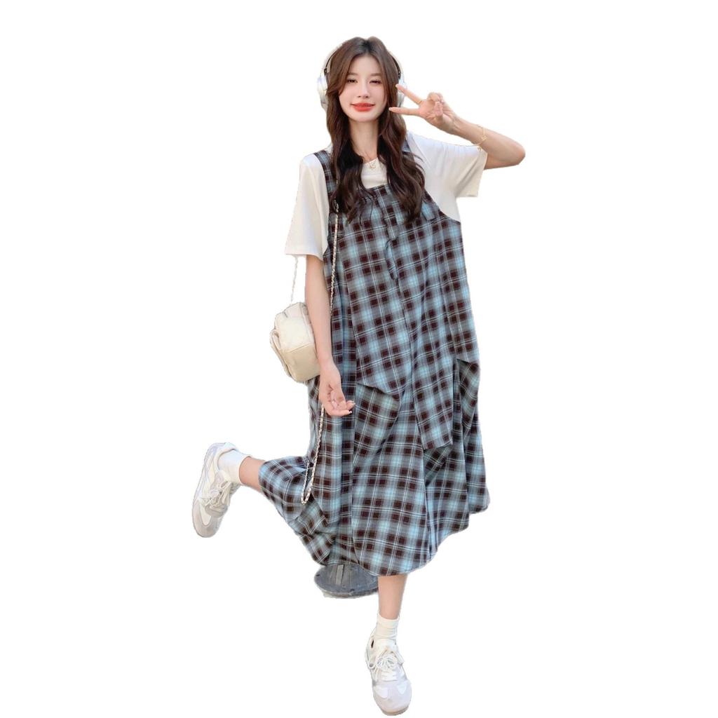 Plaid dress for women, new summer Korean style casual temperament, relaxed feel, fake two-piece patchwork slip dress