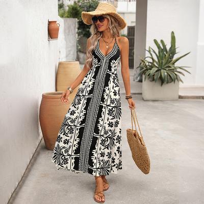 Spring and Summer New Holiday Style Suspender Dress European and American Ethnic Bohemian Long Dress Women