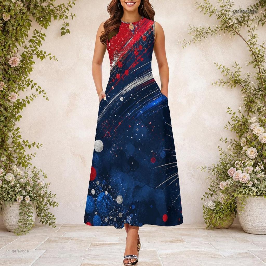 Women Plus Size Keyhole Neck Sleeveless Star Printed A Line Long Dress Red Blue White