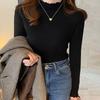Ladies Autumn Winter Long Sleeve Ruffles Stand Collar Slim Fit Basic Solid Color Pullover Knitted T Shirt Top for Layering