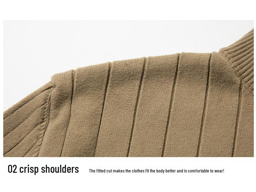 Men's European-American Half-Zip Solid Color Knit Sweater with Vertical Stripes