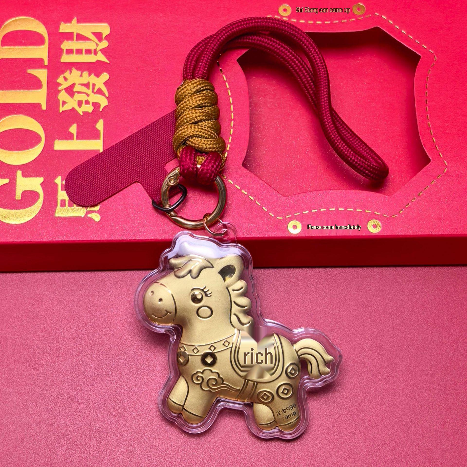 Golden Year of the Horse Money Keychain - Gold Pendant & Bag Charm Souvenir.