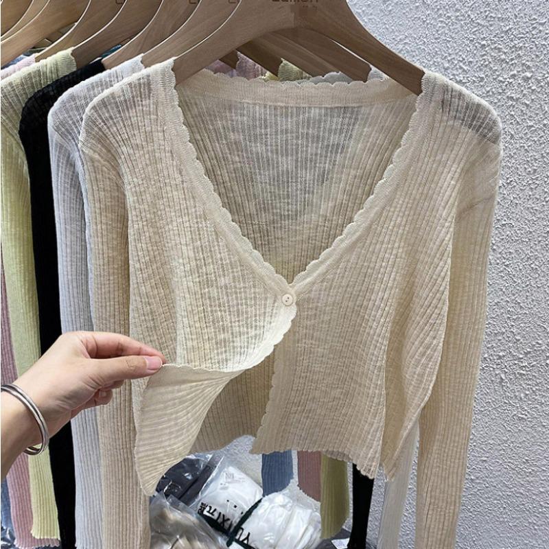 Knitted Cardigan Women's Summer Thin, Short Top, Air-conditioned Shirt, Shawl, Ice Silk Long-sleeved Sunscreen Jacket