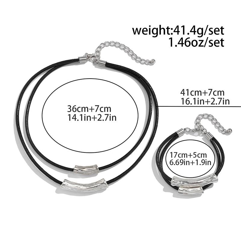 Fashion Oval Metal Necklace Bracelet Set For Women Vintage Gold Silver Color 2Pcs/Set Faux Leather Double Layered Chain Jewelry