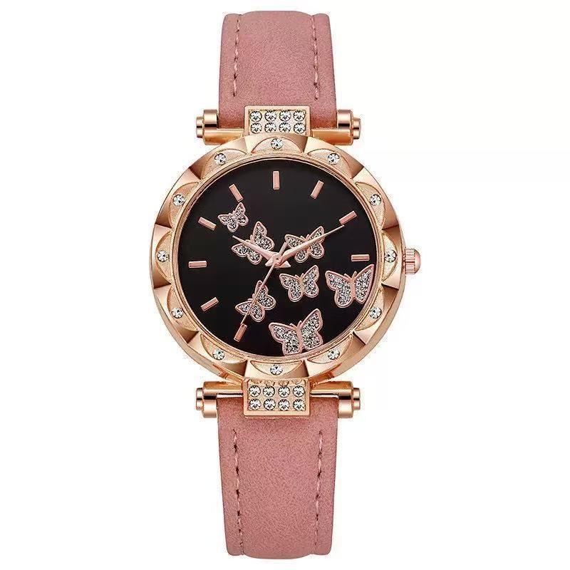 Douyin Fashion Seven-Butterfly Diamond Women's Leather Strap Watch