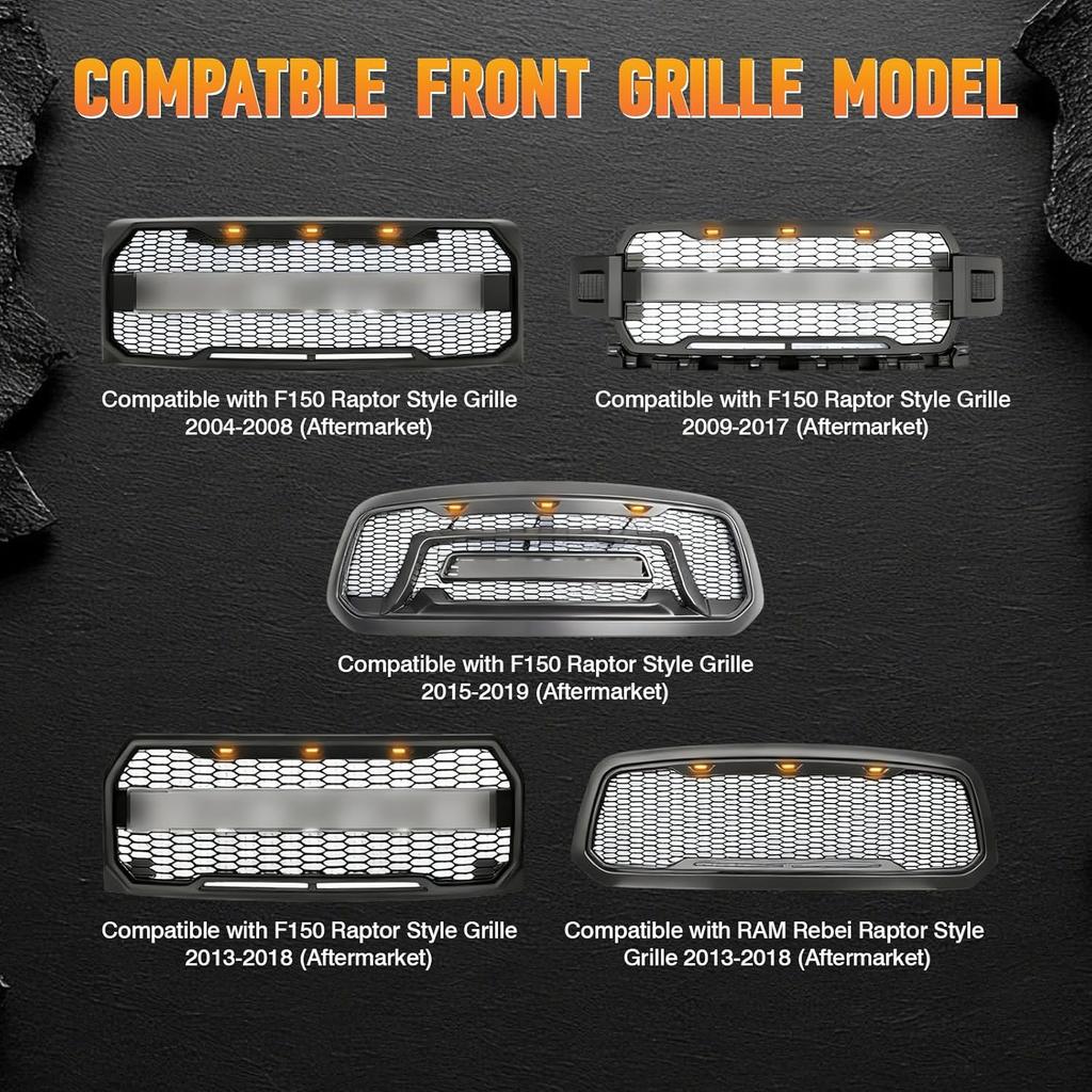 MACHSWON 3pcs LED Front Grille Marker Lights,Compatible with Ford F-150 Raptor 2004-2019,Compatible with Dodge Ram 1500 2013-2018 Aftermarket Grilles