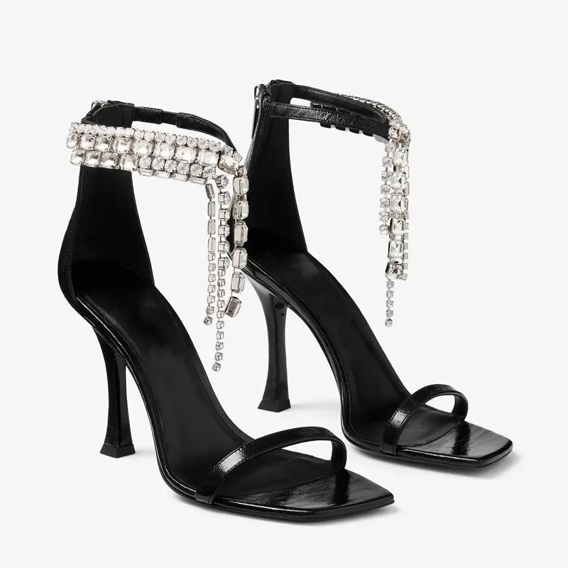 

2025 New Luxury Rhinestones Tassels Women Gladiator Sandals Sexy Ankle Strap Crystal Thin High heels Summer Party Wedding Shoes 35 чёрный