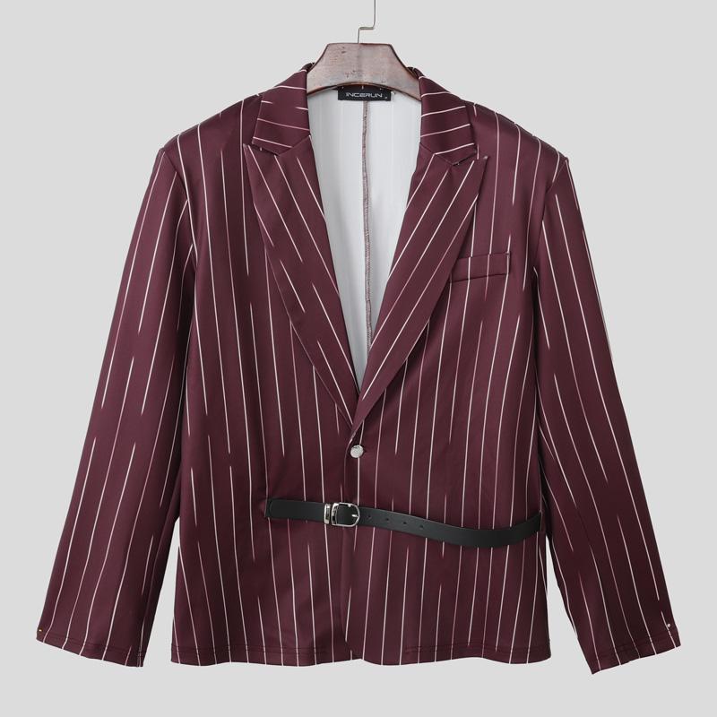 INCERUN Men Deep V Neck Long Sleeve One Button Striped Thin Blazer Short Coats