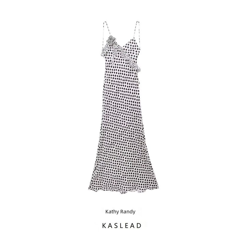 Kaslead New Arrival Women's Clothing Fashion Style Polka Dot Laminated Decoration Silk Satin Texture Dress 3207011