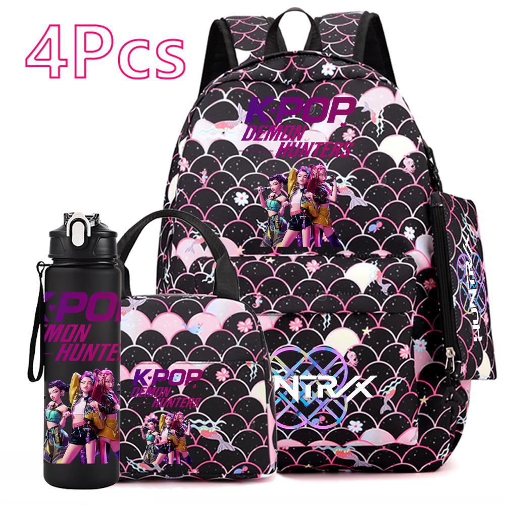 4Pcs/set Anime Cartoon Printed Backpack with Handbag Pencil Case 750Ml Water Bottler for Teenager Boy Girl Large Capacity Bookbag Schoolbag Mochila