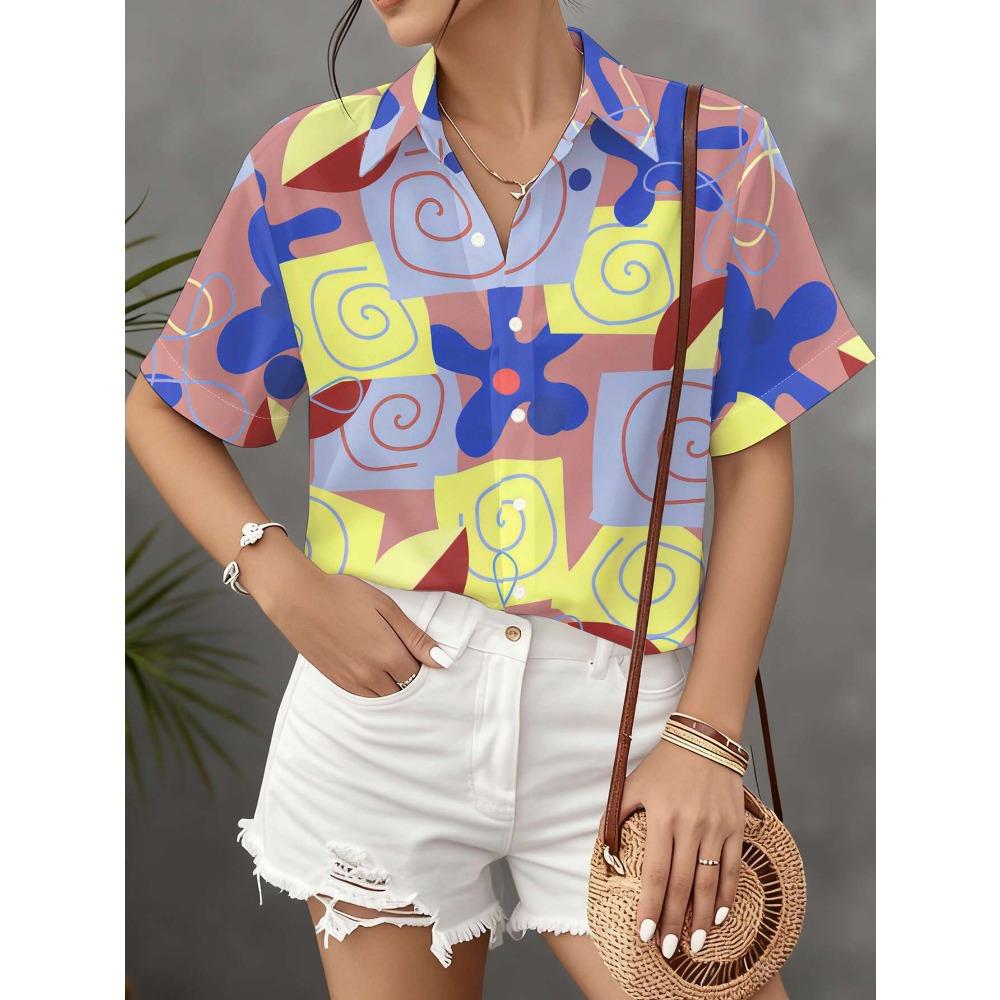 

New Women S Short Sleeve Shirt with Pink Base Featuring Abstract Geometric And Floral Patterns in Blue S