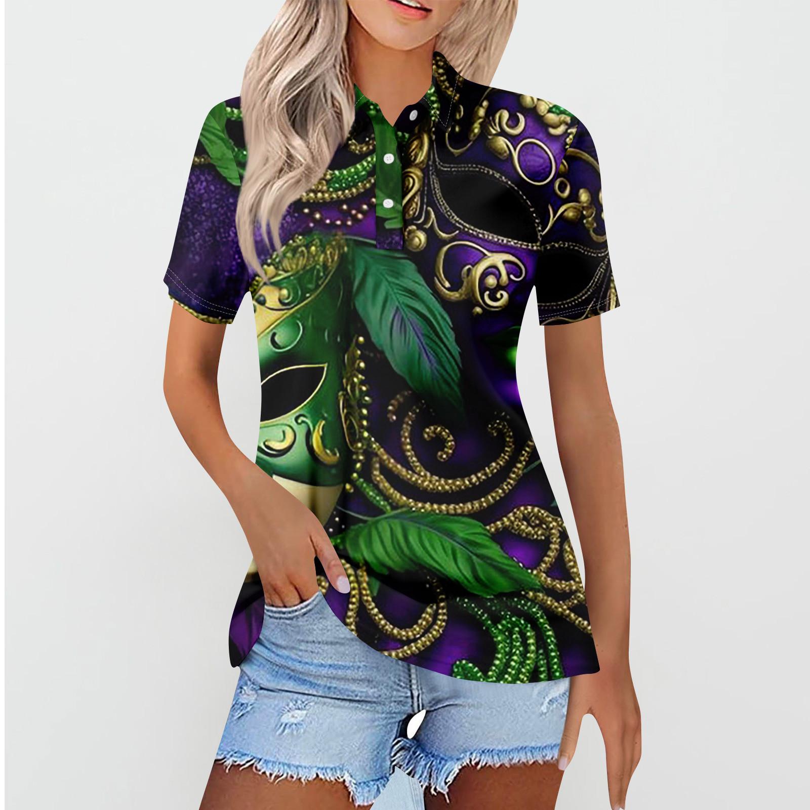 

Женская повседневная футболка с v-образным вырезом и коротким рукавом с цветочным принтом и декоративными пуговицами, топ L темно-фиолетового