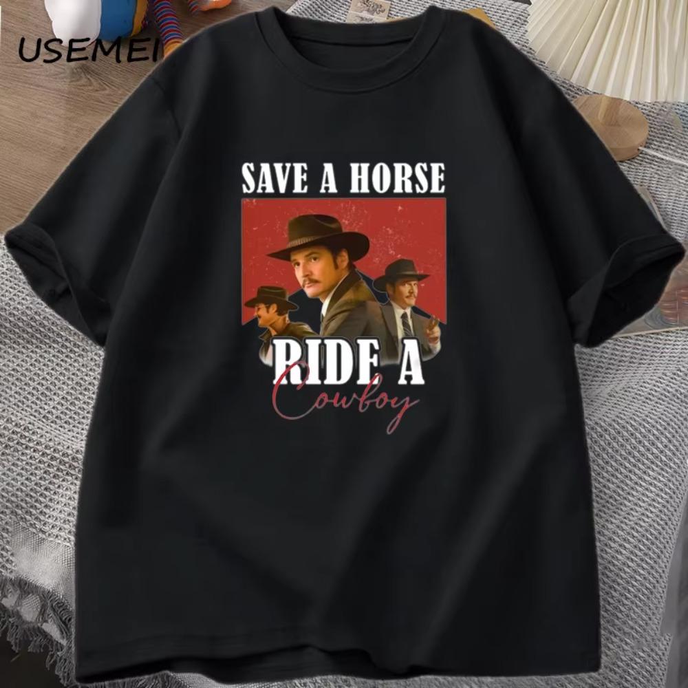 

Футболка Педро Паскаля Футболка с графикой ковбоя Футболки Save A Horse Ride A Cowboy Футболки Пабло Эскобара The Last of Us Мандалорец Летние футболки XXXXXL чёрный
