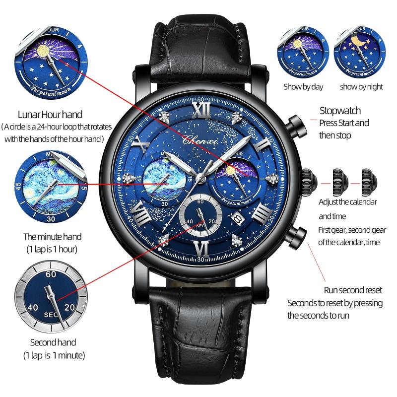 CHENXI 972 Men's Quartz Watch Luminous Moon Phase Chronograph Calendar Waterproof Leather Strap Luxury Business Watches