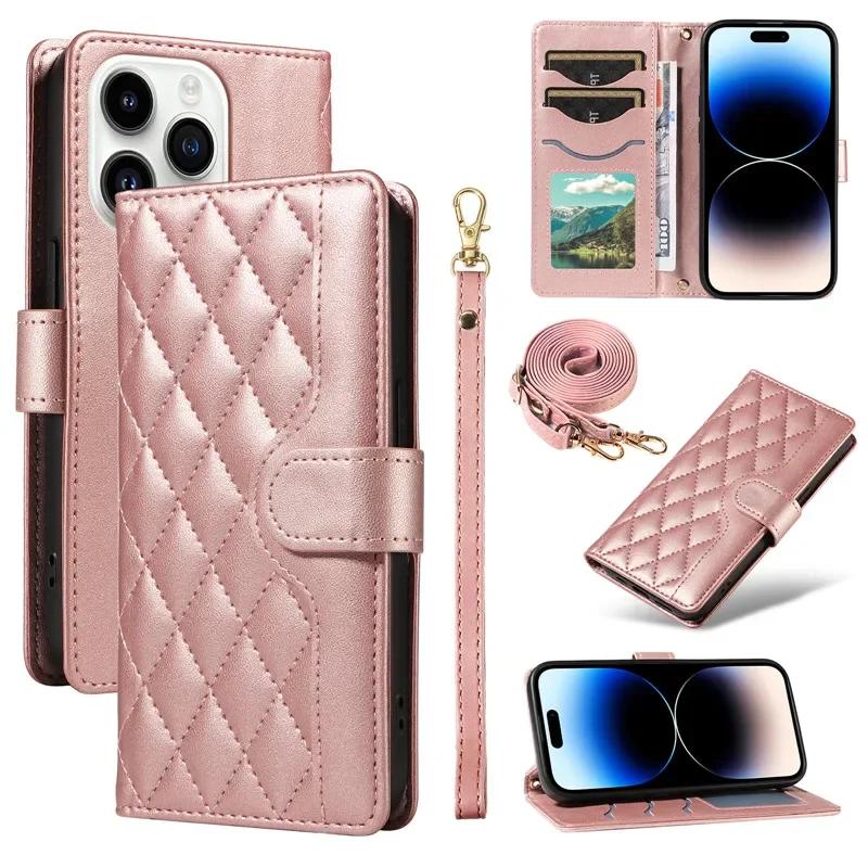 Lanyard Leather Wallet Card Phone Case for iPhone 17 Air 16E 16 Pro Max 15 14 Plus 13 12 11 XS XR X Crossbody Flip Purse Cover