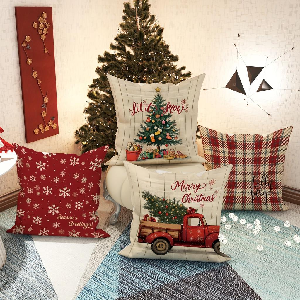 Festive Christmas Pillowcases: Let It Snow, Season's Greetings, Holly Jolly,and Merry Christmas Designs New Year Home Decoration