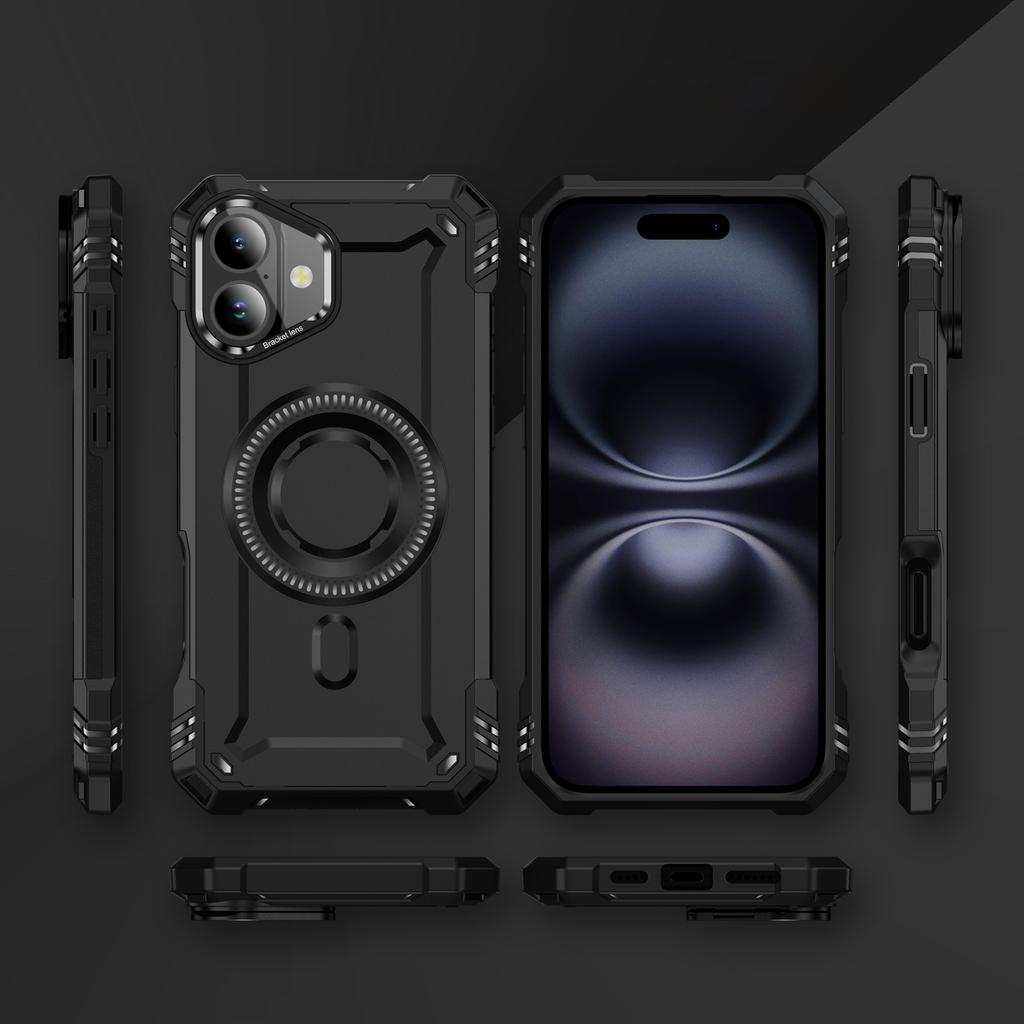 For iPhone 16 Case Compatible with MagSafe Metal Lens Frame Kickstand PC+TPU Mobile Cover