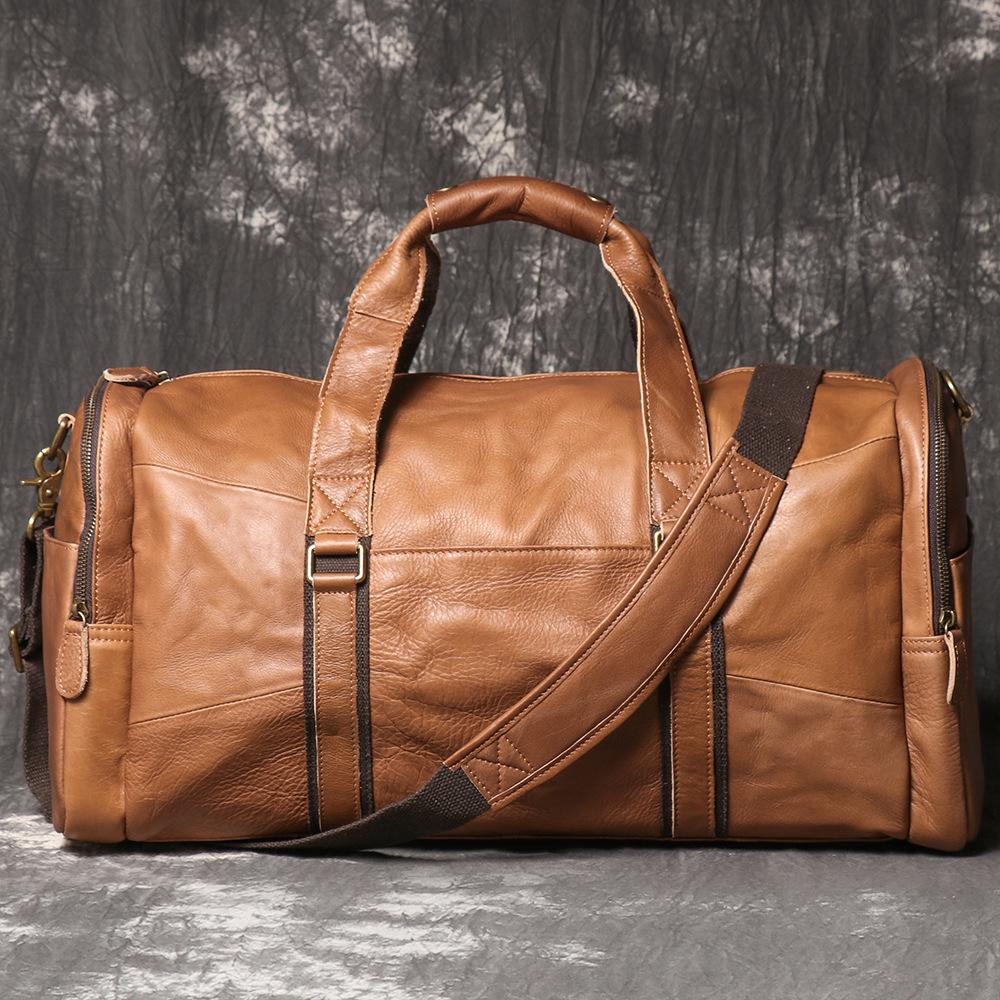 Retro Men S Genuine Leather Hand-Held Travel Bag, Cowhide Business Trip Travel Duffel Bag, Large Capacity Shoulder Messenger Fitness Bag