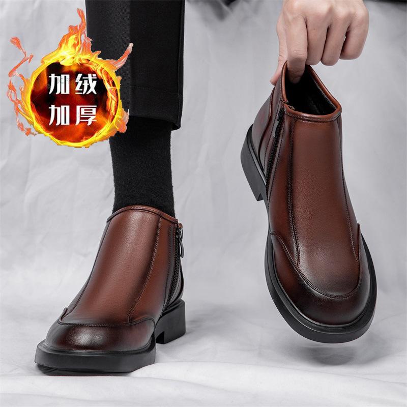 Chelsea Boots Men's 2025 Winter Fleece Leather Martin Boots Men's British Style Side Zipper Low Top Short Boots Tide