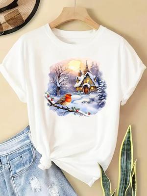 (Asian Size) Watercolor Style Happy New Year T Clothing Short Sleeve T-shirts Print Merry Christmas O-neck Women's Top Fashion Holiday Graphic Tee